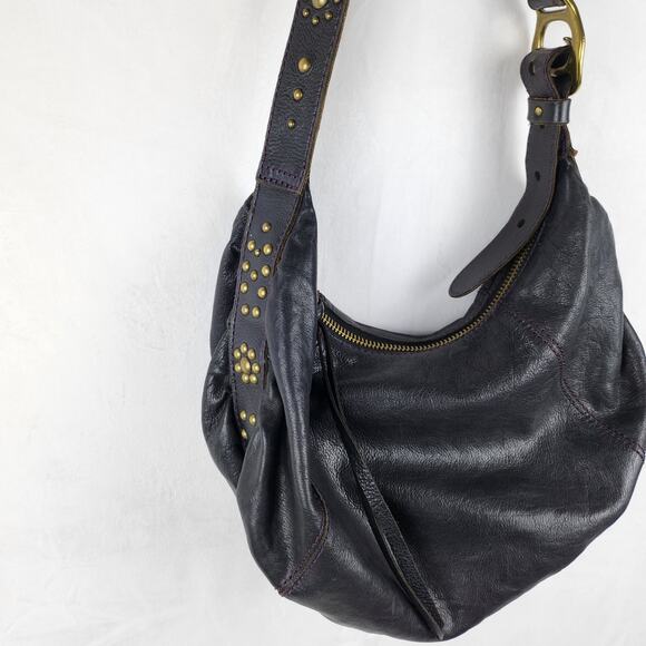 Lucky Brand Black Genuine Leather Retro Y2K Brass Studded Hobo Shoulder Bag - Picture 3 of 11